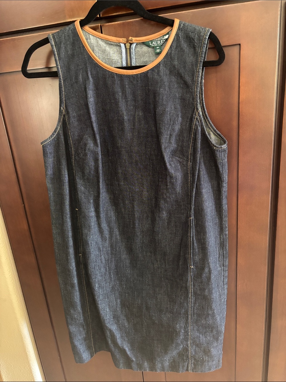 Ralph Lauren Dark Indigo Denim Midi Dress with Tan leather Trim